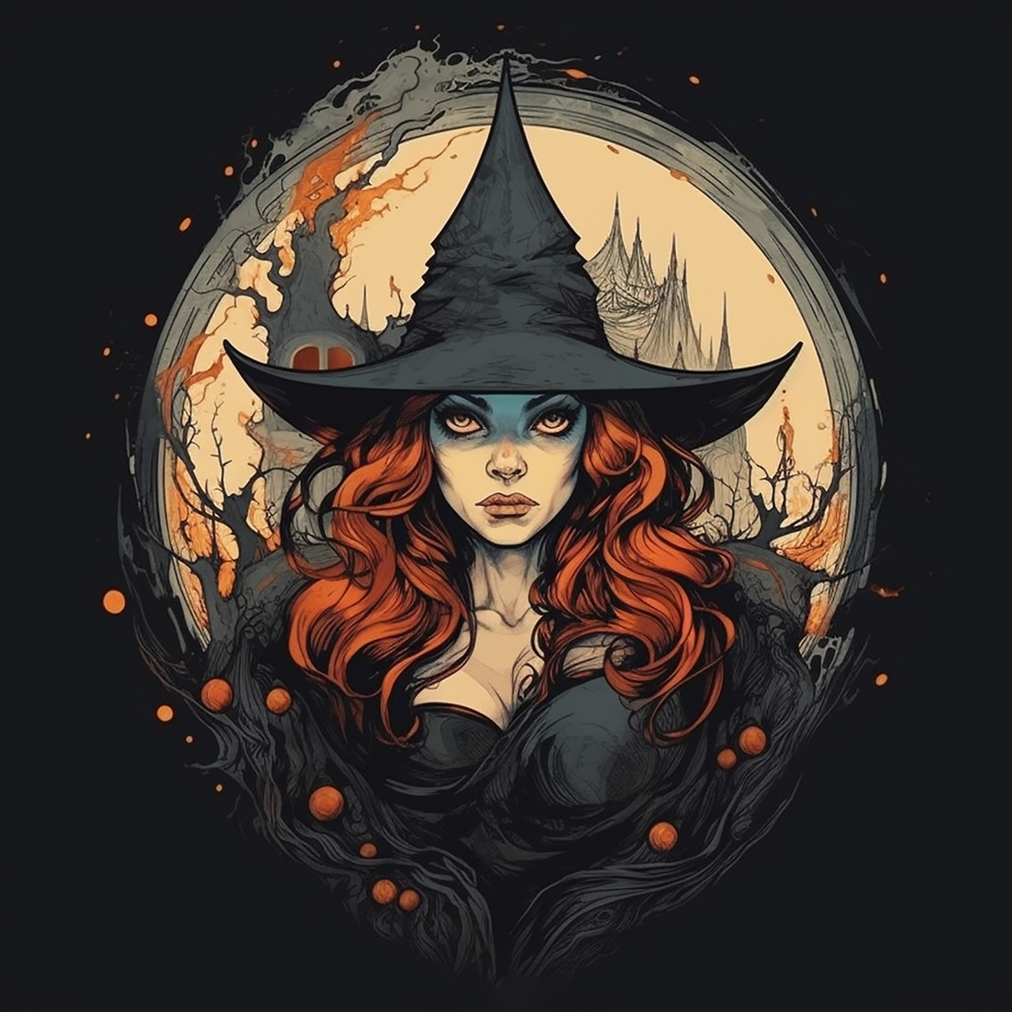 A beautiful witch with red hair and evil eyes in front of a sand colored background