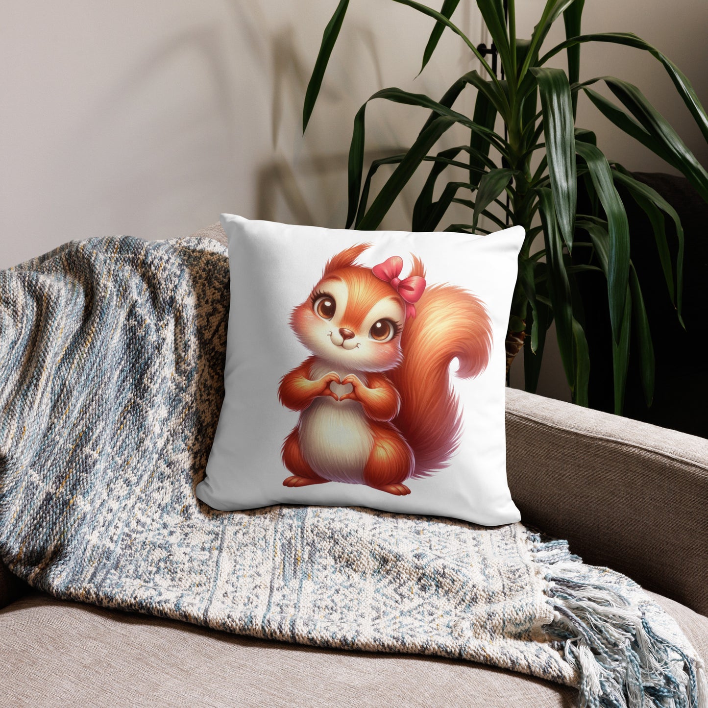 Squirrel with "Heart Hands" Basic Pillow, Kawaii, Swifties Sign,