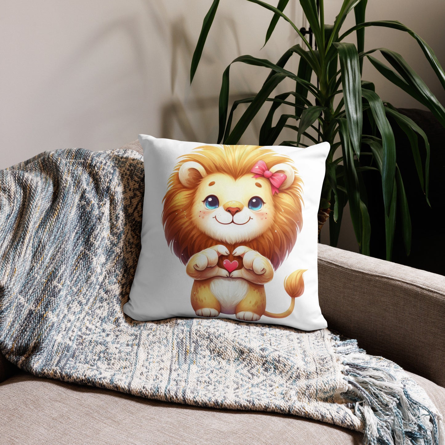 Lion with "Heart Hands" Basic Pillow, Kawaii, Swifties Sign,