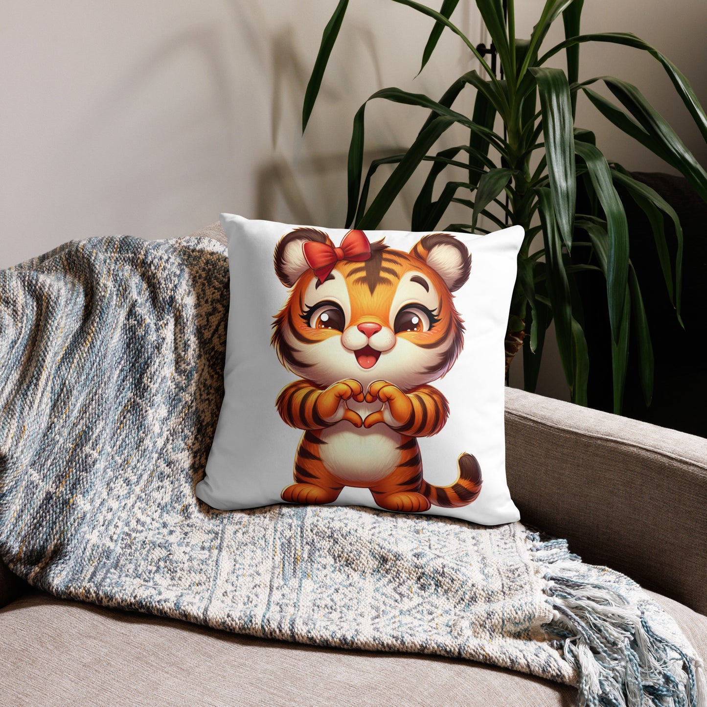 Tiger with "Heart Hands" Basic Pillow, Kawaii, Swifties Sign,