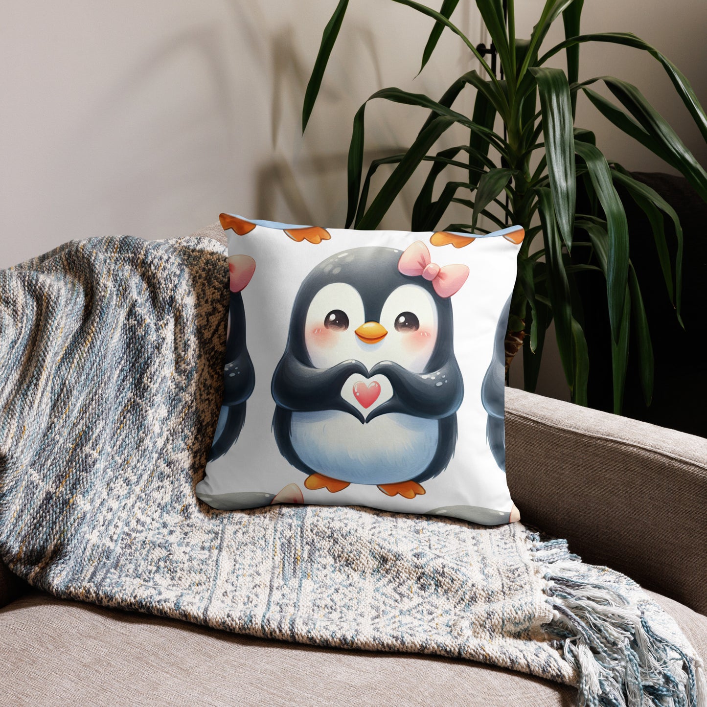 Penguin with "Heart Hands " Basic Pillow, Kawaii, Swifties Sign,