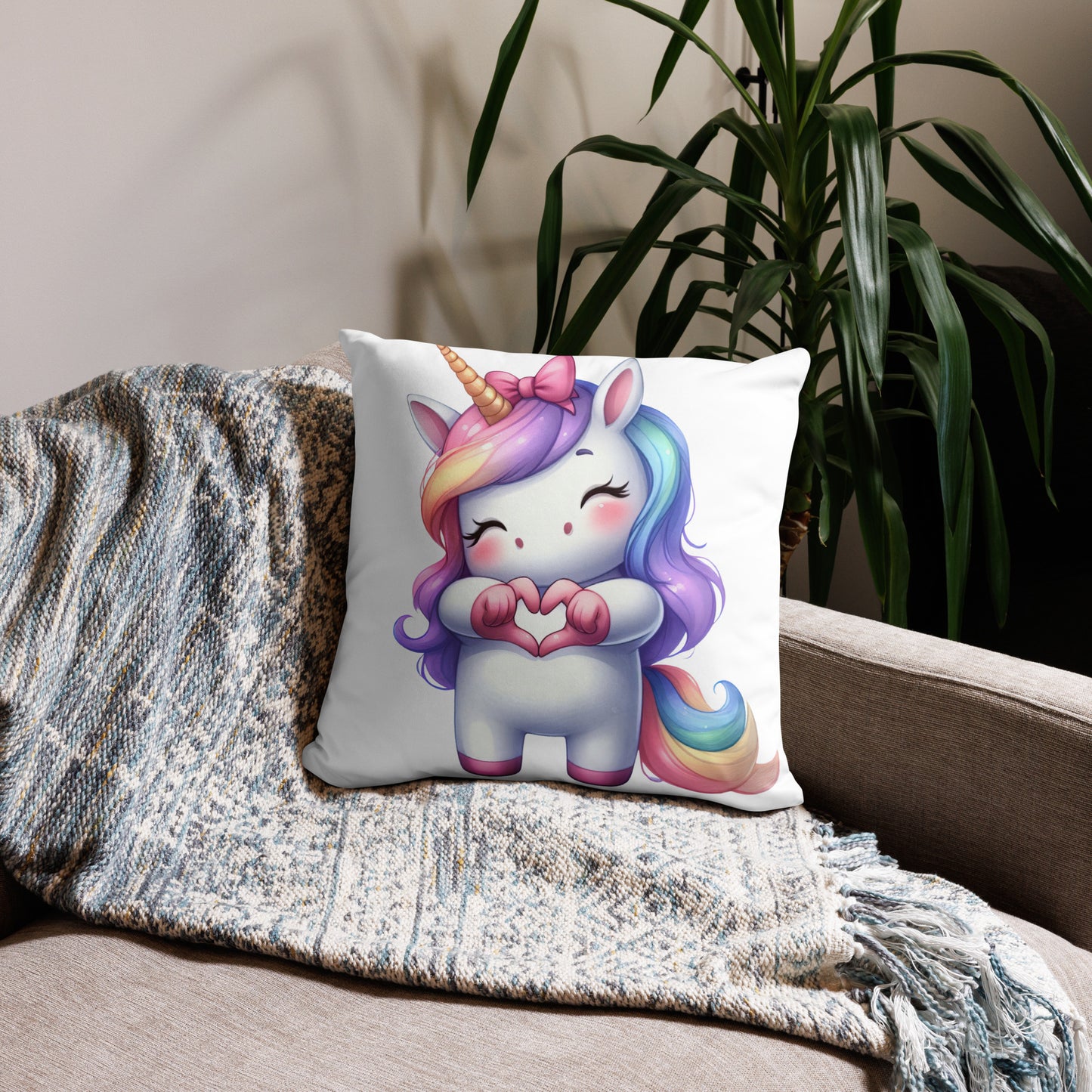 Unicorn with "Heart Hands" Basic Pillow, Kawaii, Swifties Sign