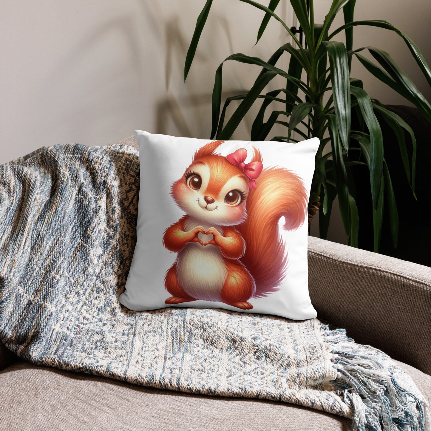 Squirrel with "Heart Hands" Basic Pillow, Kawaii, Swifties Sign,