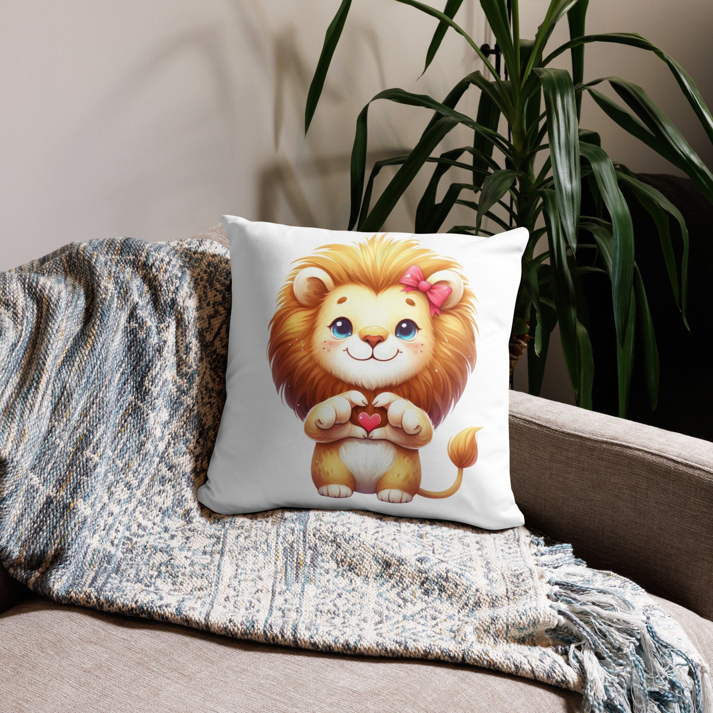 Lion with "Heart Hands" Basic Pillow, Kawaii, Swifties Sign,