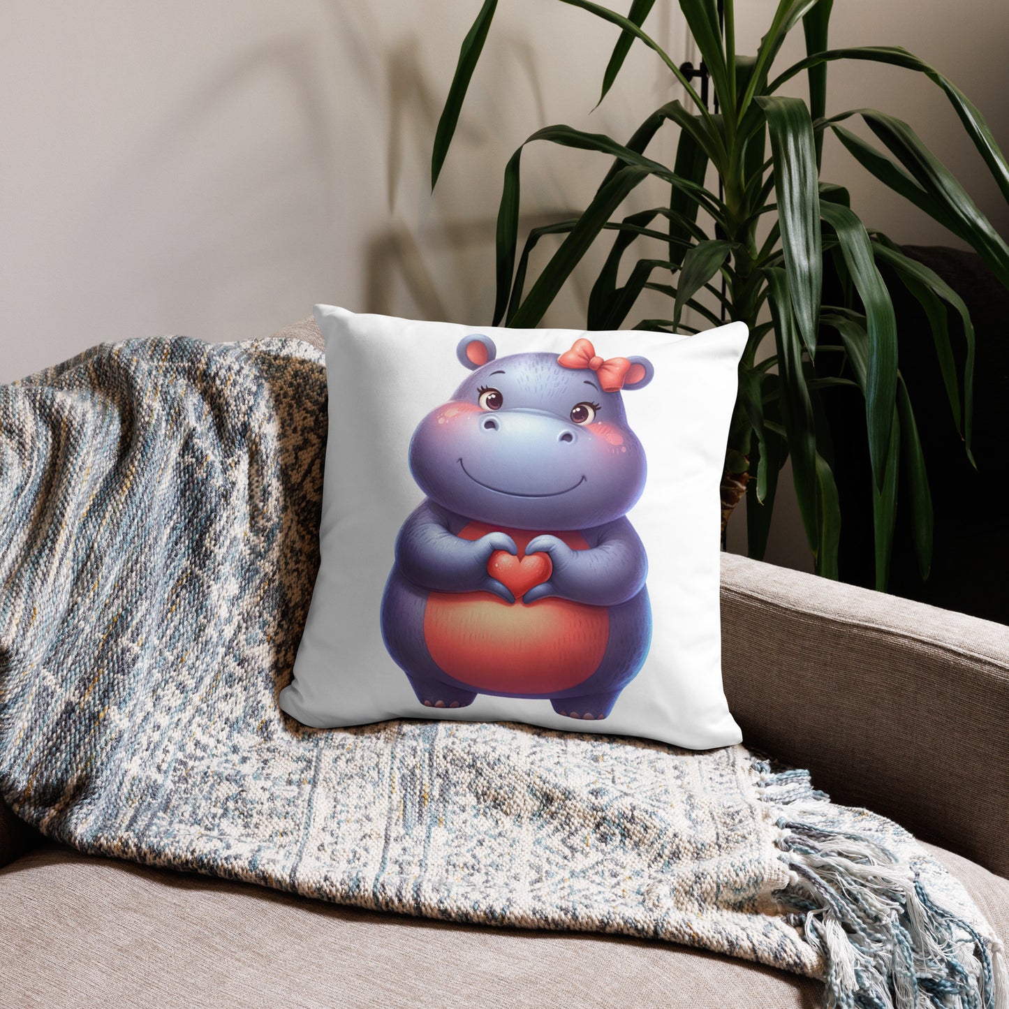 Hippo with "Heart Hands" Basic Pillow, Kawaii, Swifties Sign,