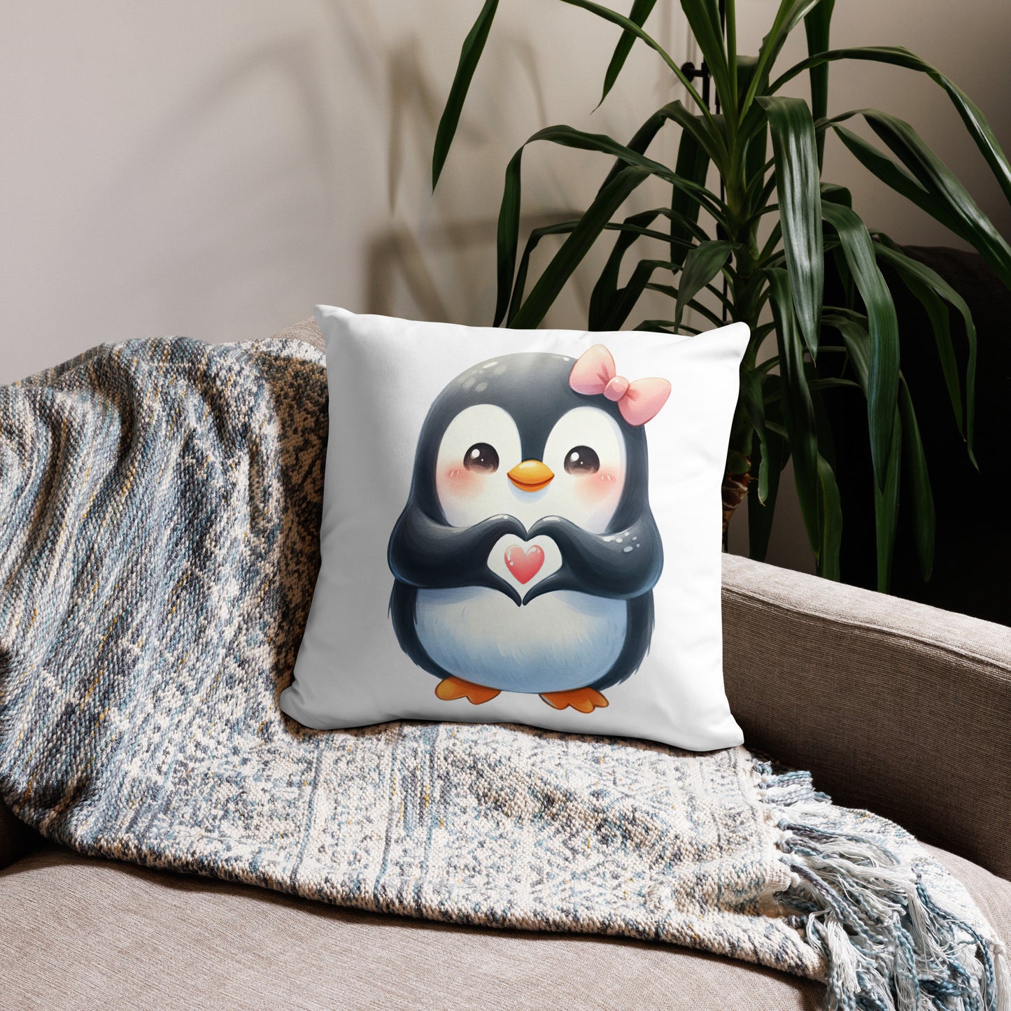 Penguin with "Heart Hands " Basic Pillow, Kawaii, Swifties Sign,