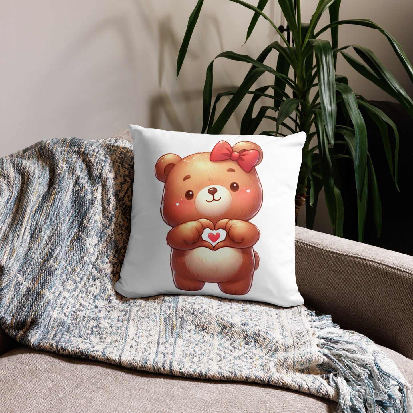 Teddy Bear with "Heart Hands" Basic Pillow, Kawaii, Swifties Sign,