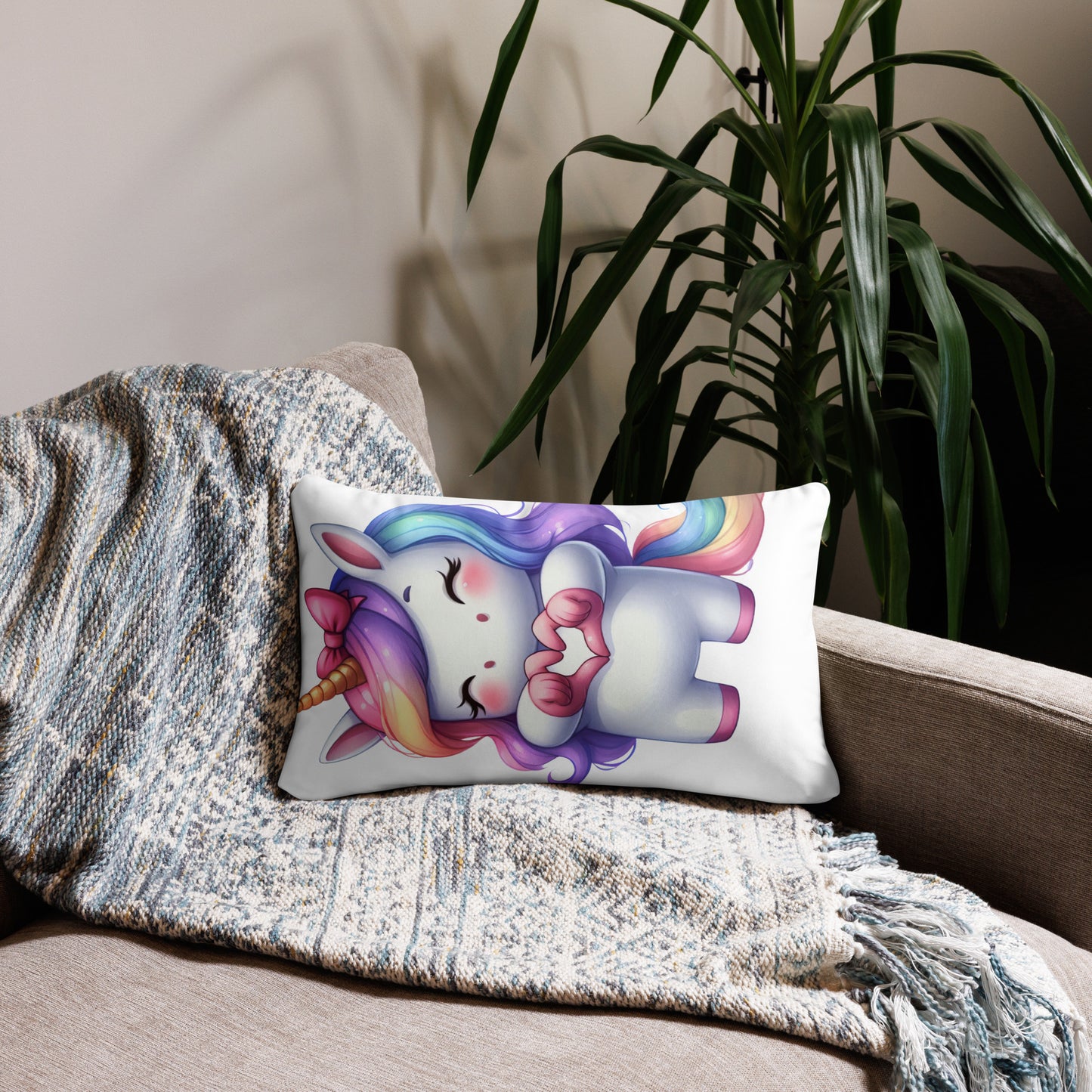 Unicorn with "Heart Hands" Basic Pillow, Kawaii, Swifties Sign