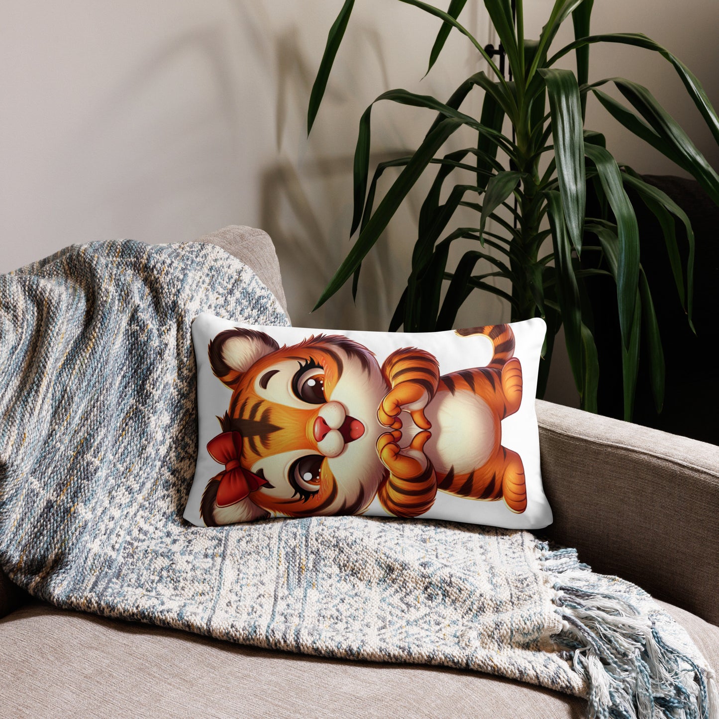 Tiger with "Heart Hands" Basic Pillow, Kawaii, Swifties Sign,