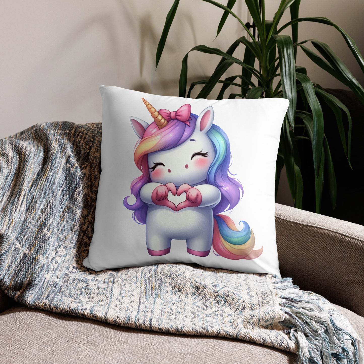 Unicorn with "Heart Hands" Basic Pillow, Kawaii, Swifties Sign