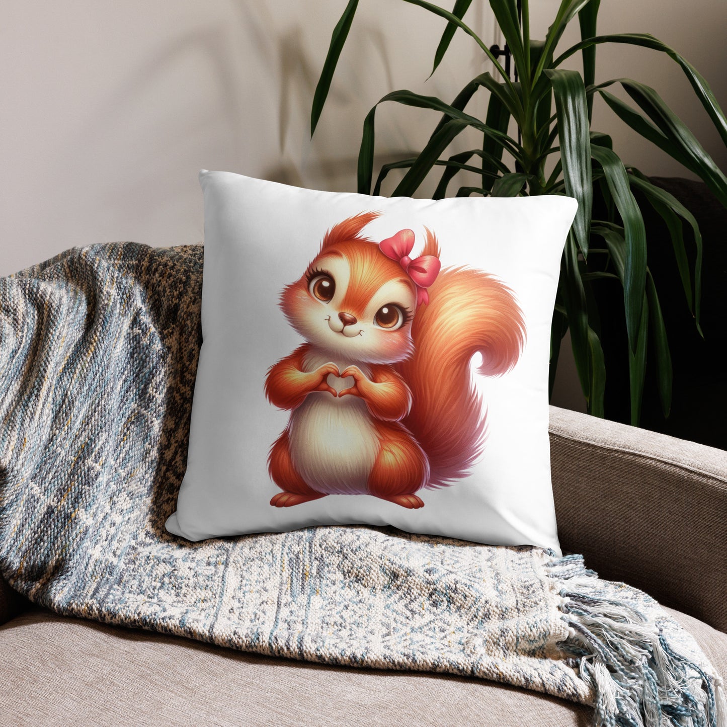 Squirrel with "Heart Hands" Basic Pillow, Kawaii, Swifties Sign,