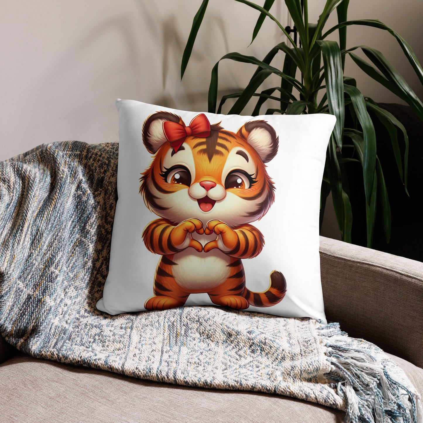 Tiger with "Heart Hands" Basic Pillow, Kawaii, Swifties Sign,