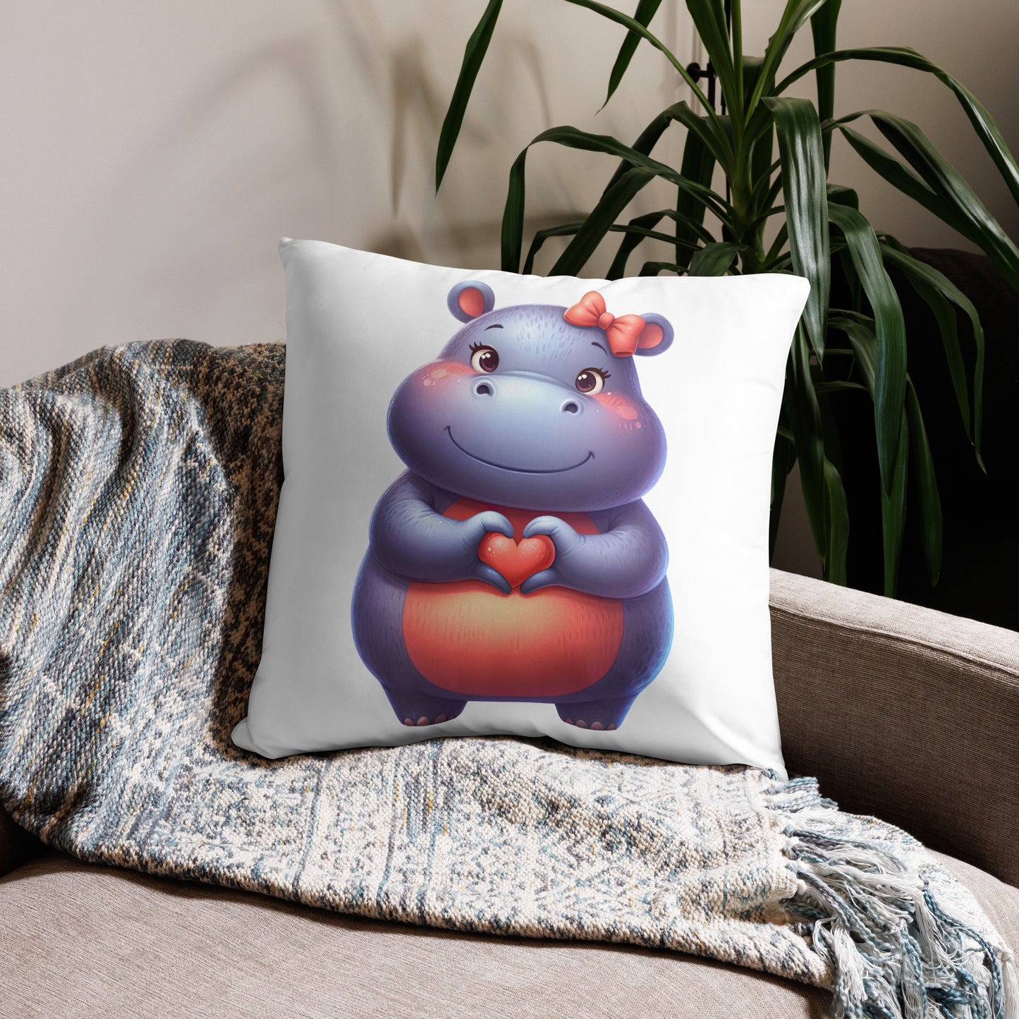 Hippo with "Heart Hands" Basic Pillow, Kawaii, Swifties Sign,