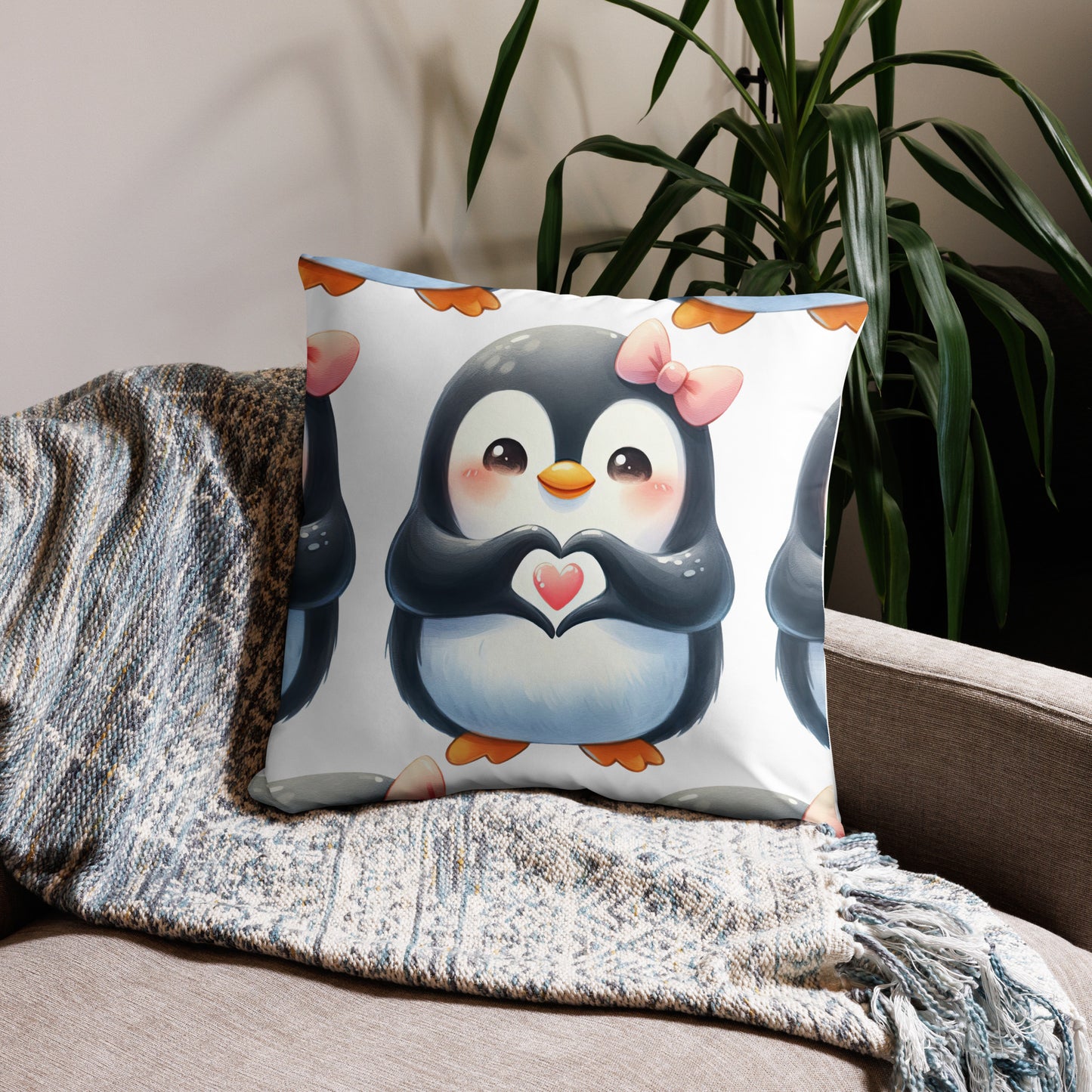 Penguin with "Heart Hands " Basic Pillow, Kawaii, Swifties Sign,