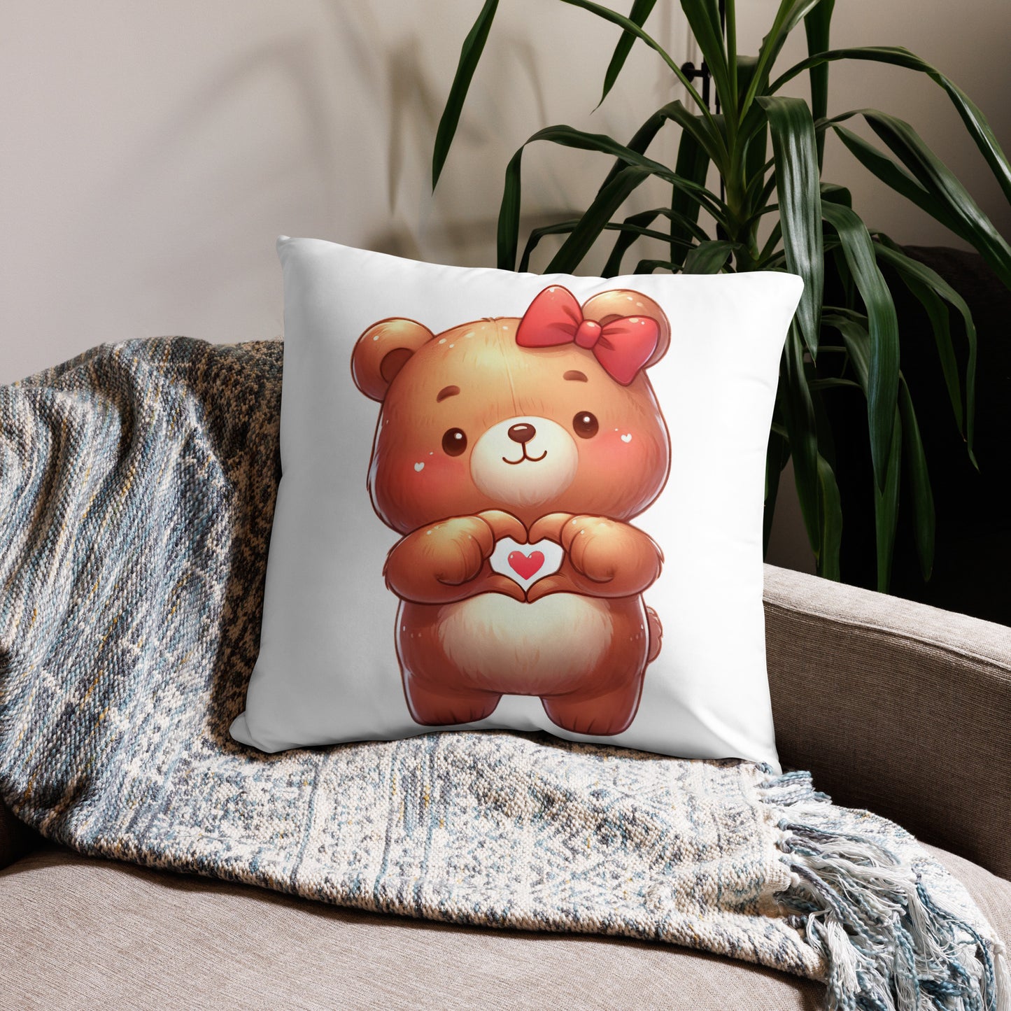 Teddy Bear with "Heart Hands" Basic Pillow, Kawaii, Swifties Sign,