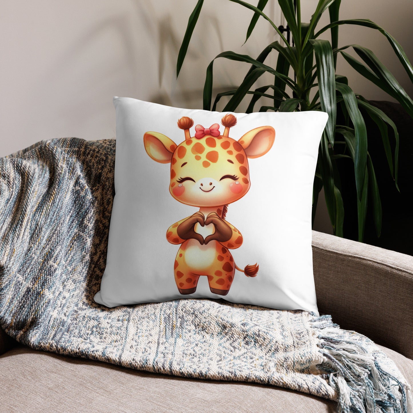 Giraffe with "Heart Hands" Basic Pillow, Kawaii, Swifties Sign,