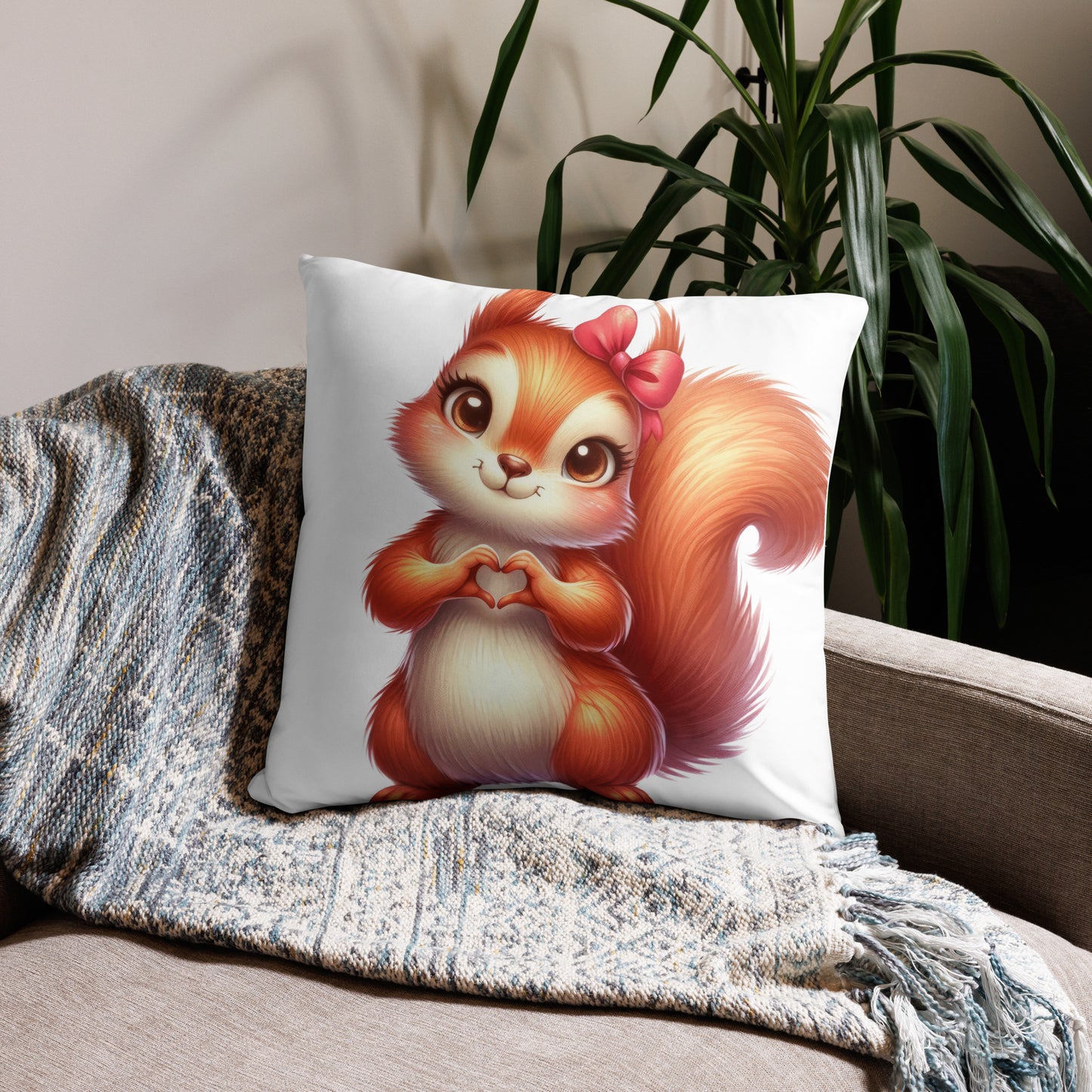 Squirrel with "Heart Hands" Basic Pillow, Kawaii, Swifties Sign,