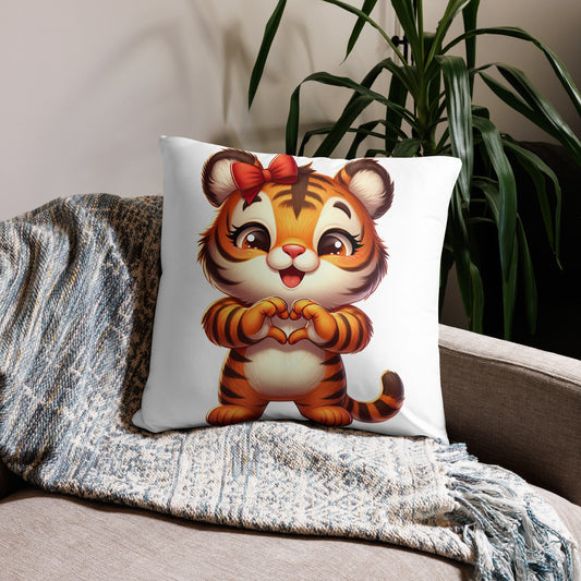 Tiger with "Heart Hands" Basic Pillow, Kawaii, Swifties Sign,