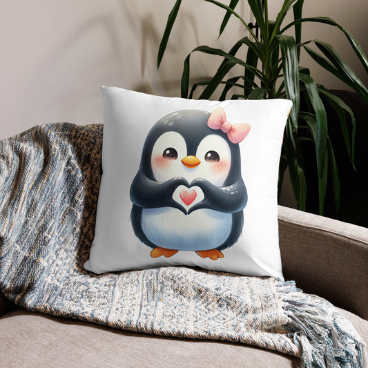 Penguin with "Heart Hands " Basic Pillow, Kawaii, Swifties Sign,