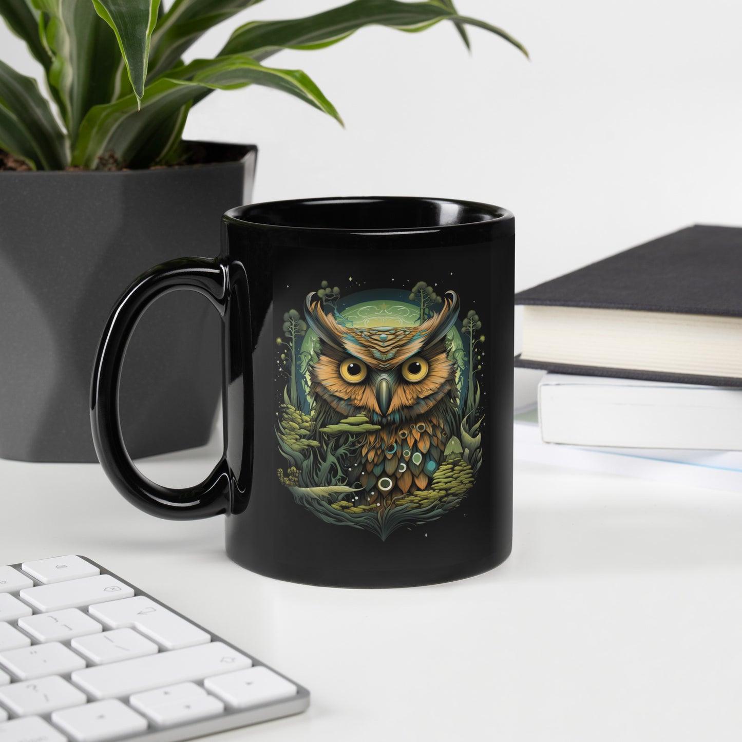 Owl "Forest Green" Black Glossy Mug