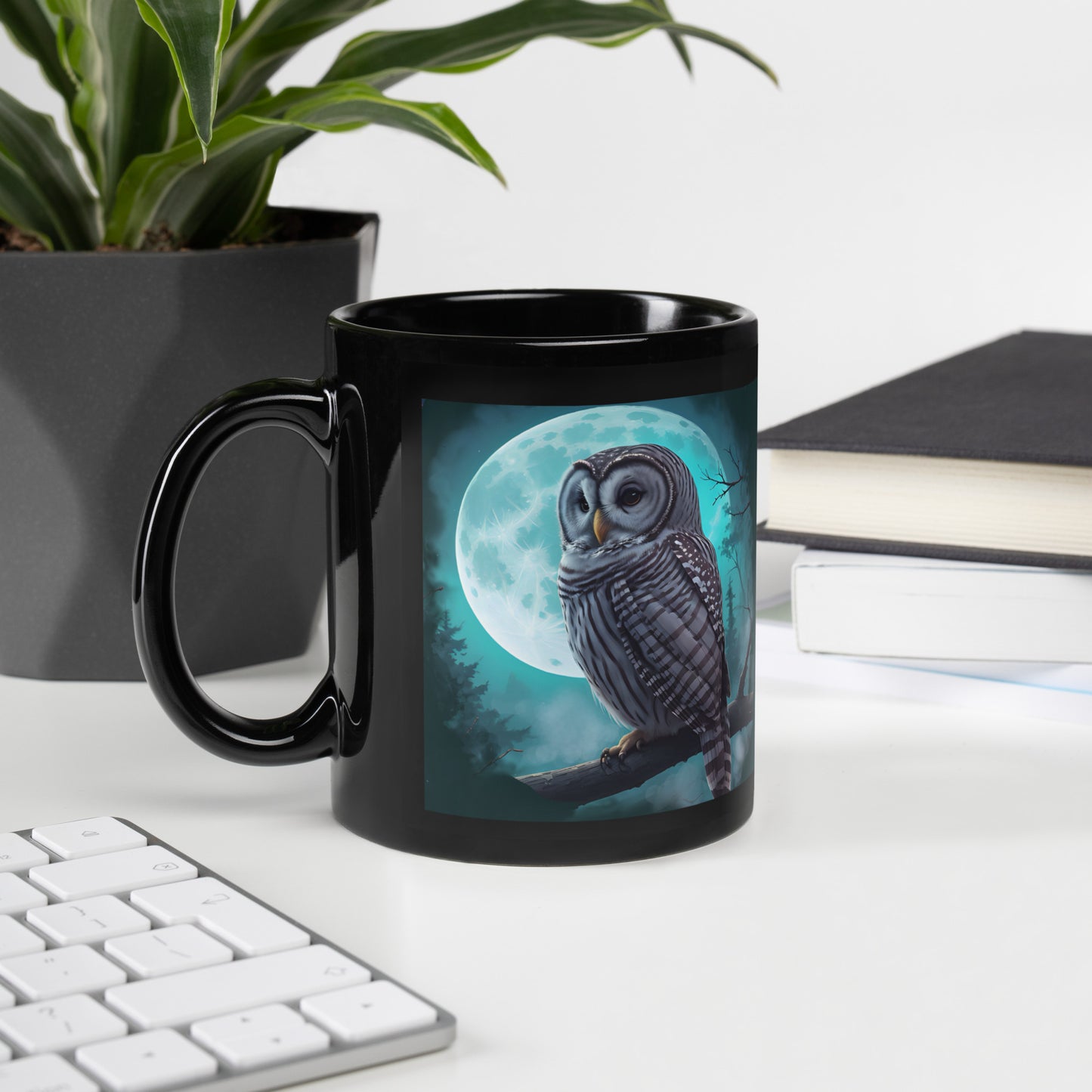 Black Glossy Mug, Owl 01 2024