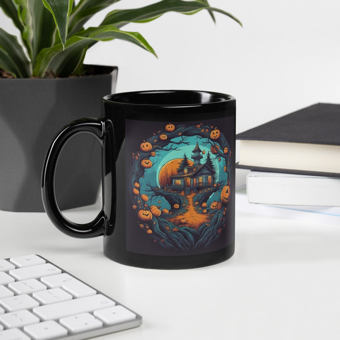 The Teal Halloween Haunted House - Black Glossy Mug