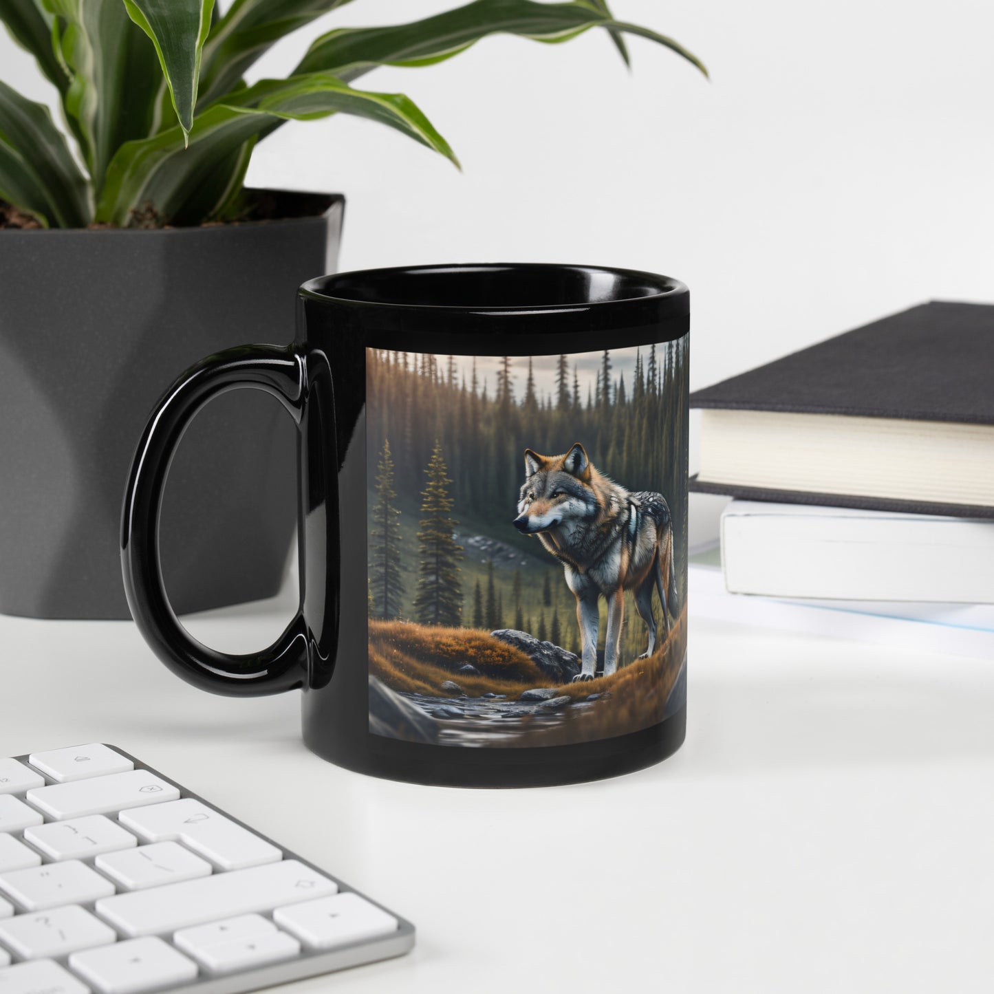 Wilderness Wolf Black Glossy Mug