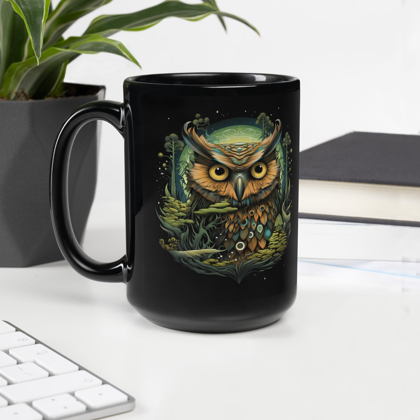 Owl "Forest Green" Black Glossy Mug