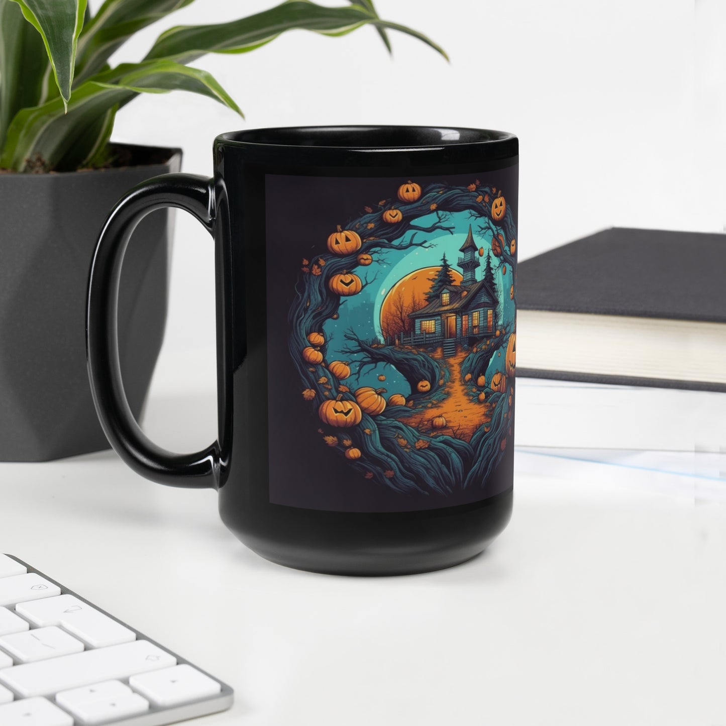 The Teal Halloween Haunted House - Black Glossy Mug