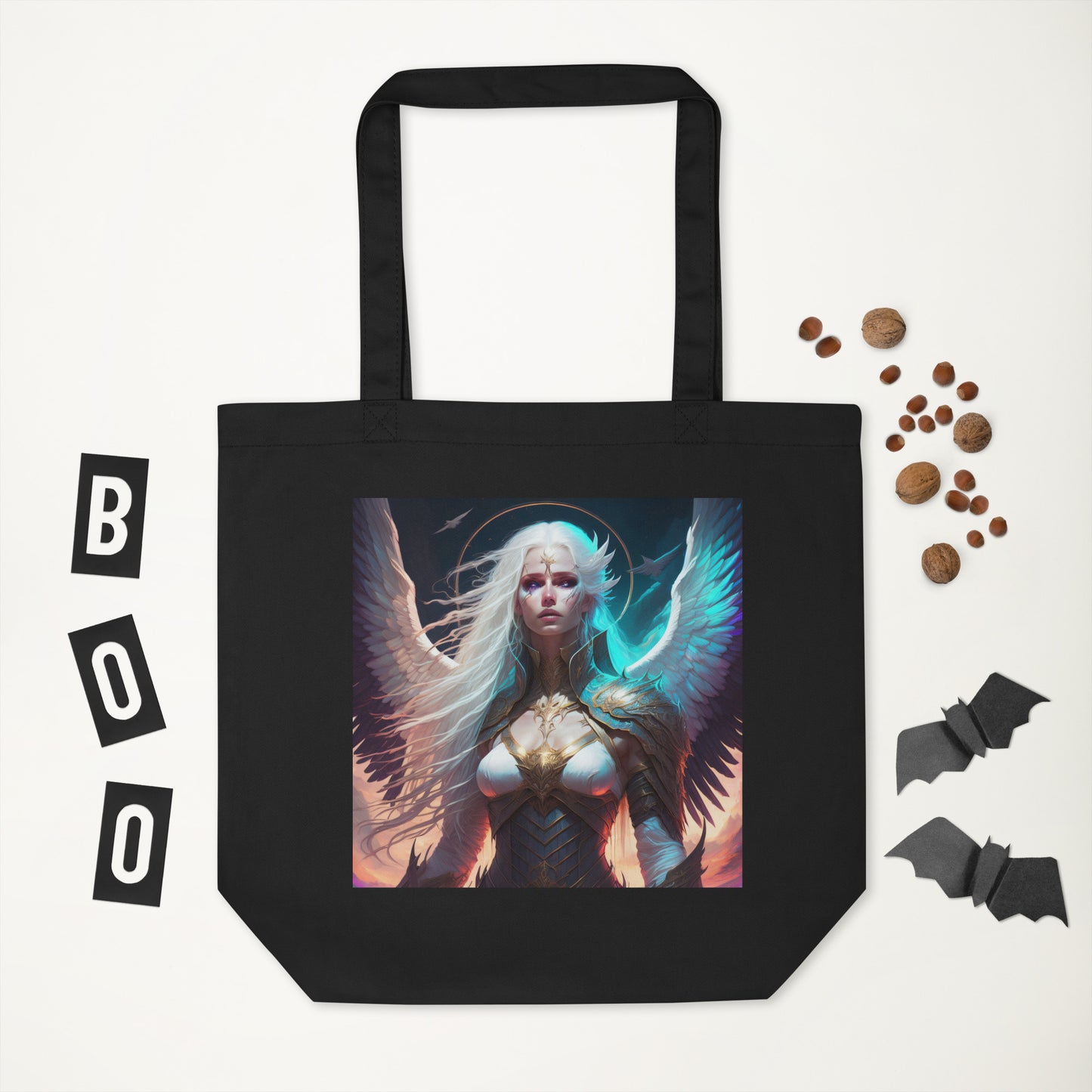 A Black, Eco Tote Bag with Angel Silence & Storm Image at CarolinesArtnStuff.com