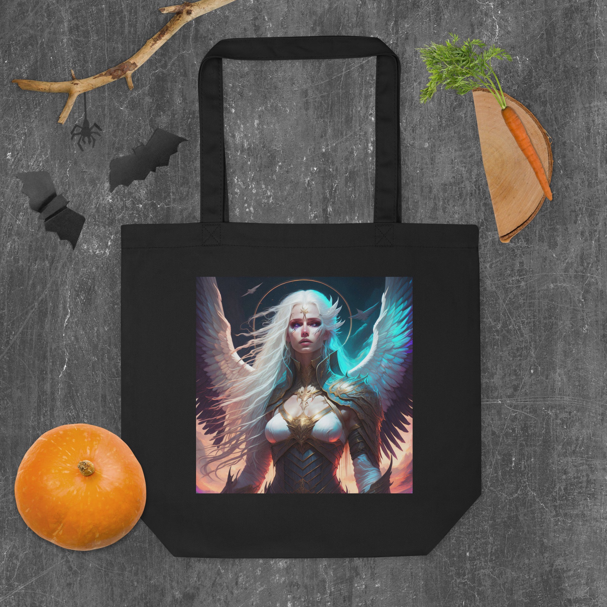 A Black, Eco Tote Bag with Angel Silence & Storm Image at CarolinesArtnStuff.com