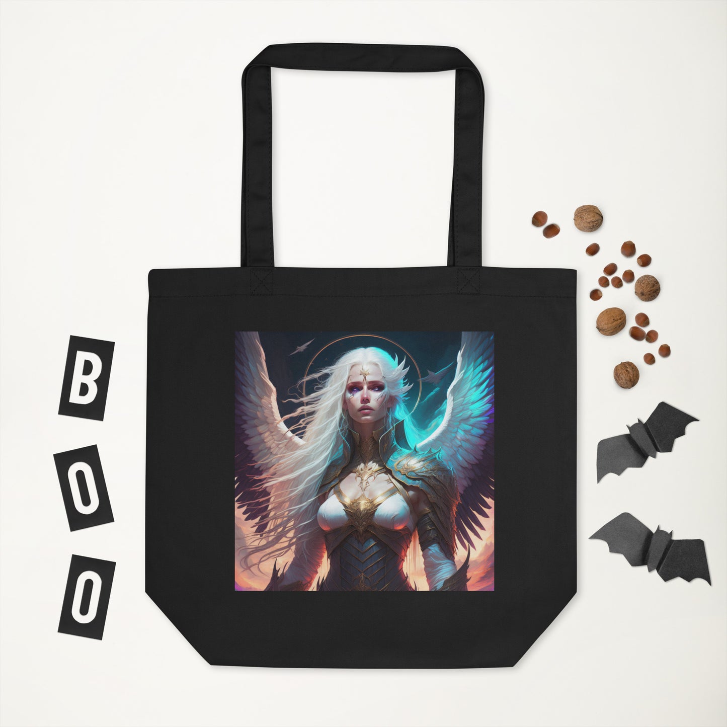 A Black, Eco Tote Bag with Angel Silence & Storm Image at CarolinesArtnStuff.com