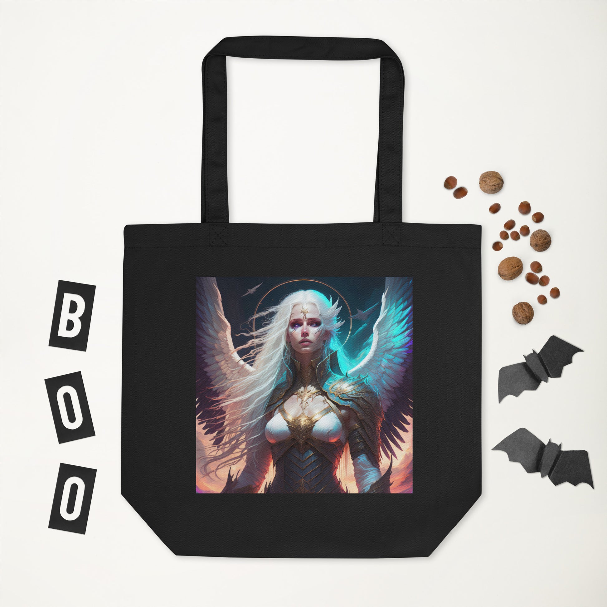 A Black, Eco Tote Bag with Angel Silence & Storm Image at CarolinesArtnStuff.com