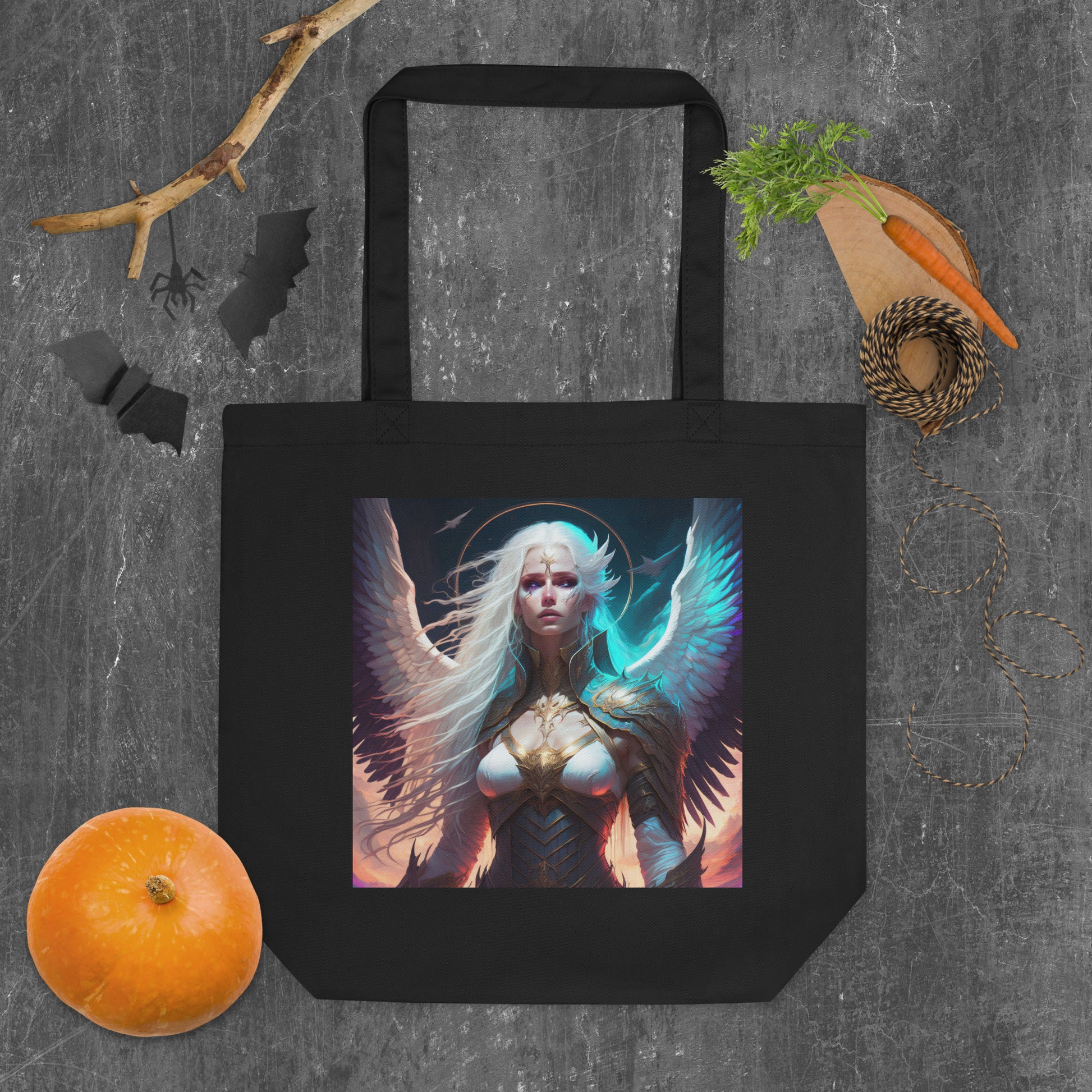 A Black, Eco Tote Bag with Angel Silence & Storm Image at CarolinesArtnStuff.com