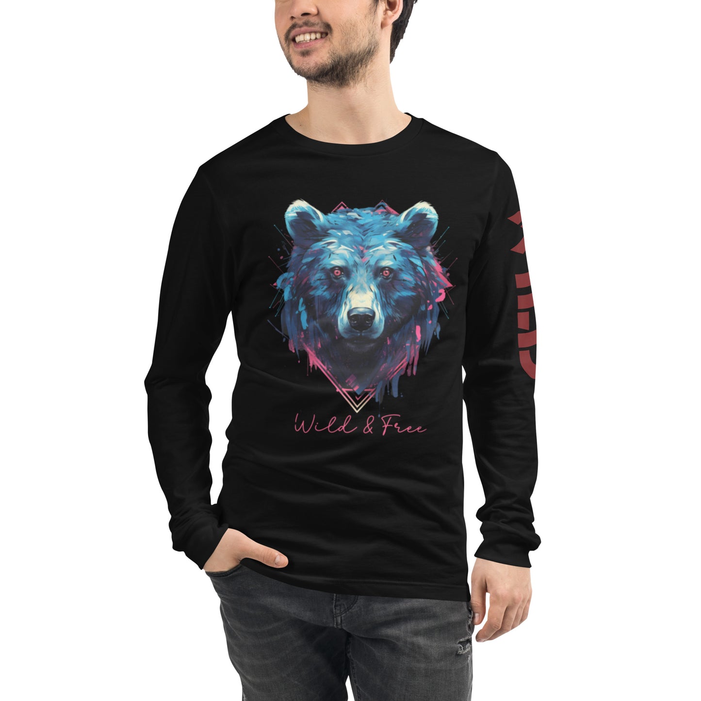 Bear "Wild & Free" - Unisex Long Sleeve Tee w/Extra Wild. on left Arm.