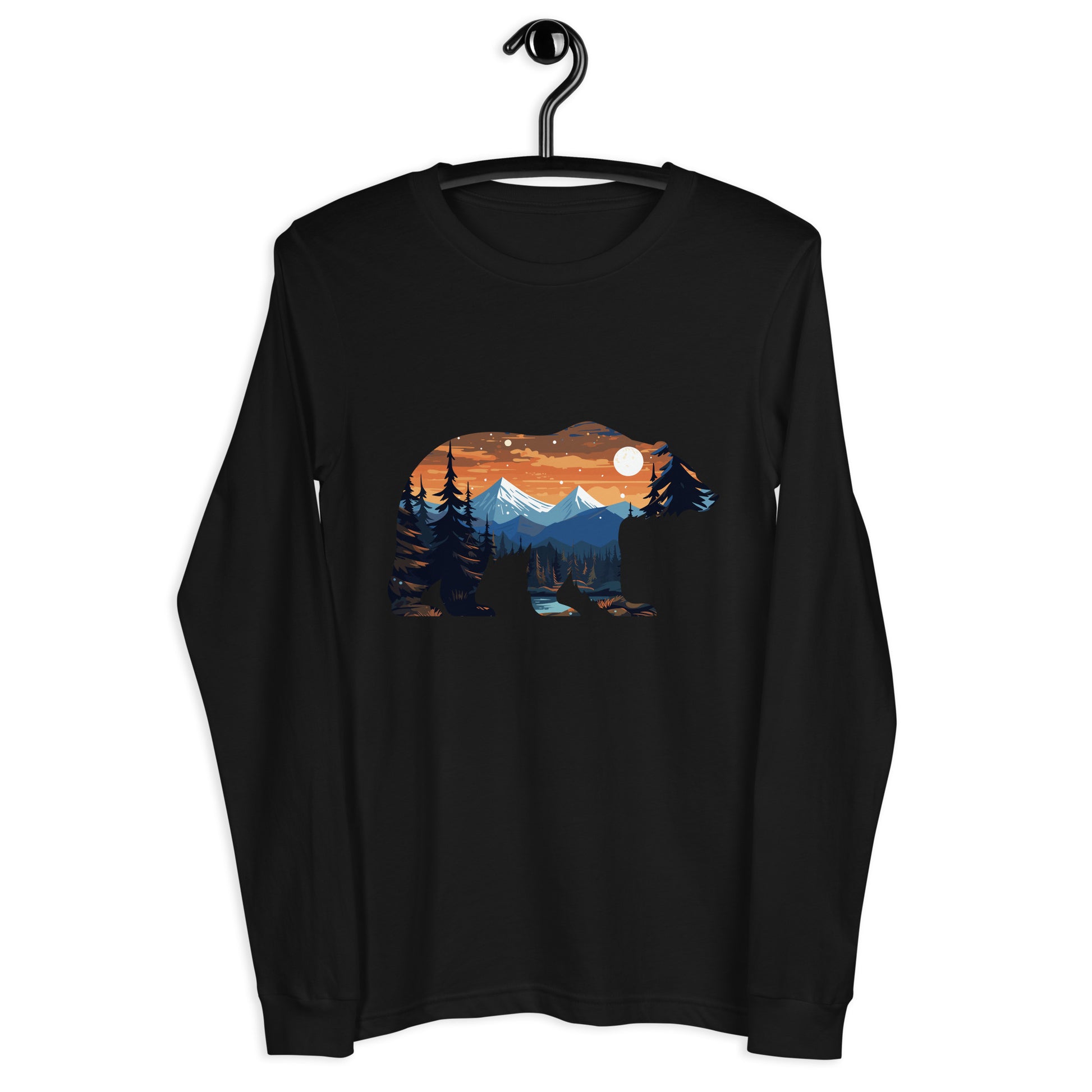 A black Long sleeve shirt with a silhouette of a bear with a landscape done in vibrant colors