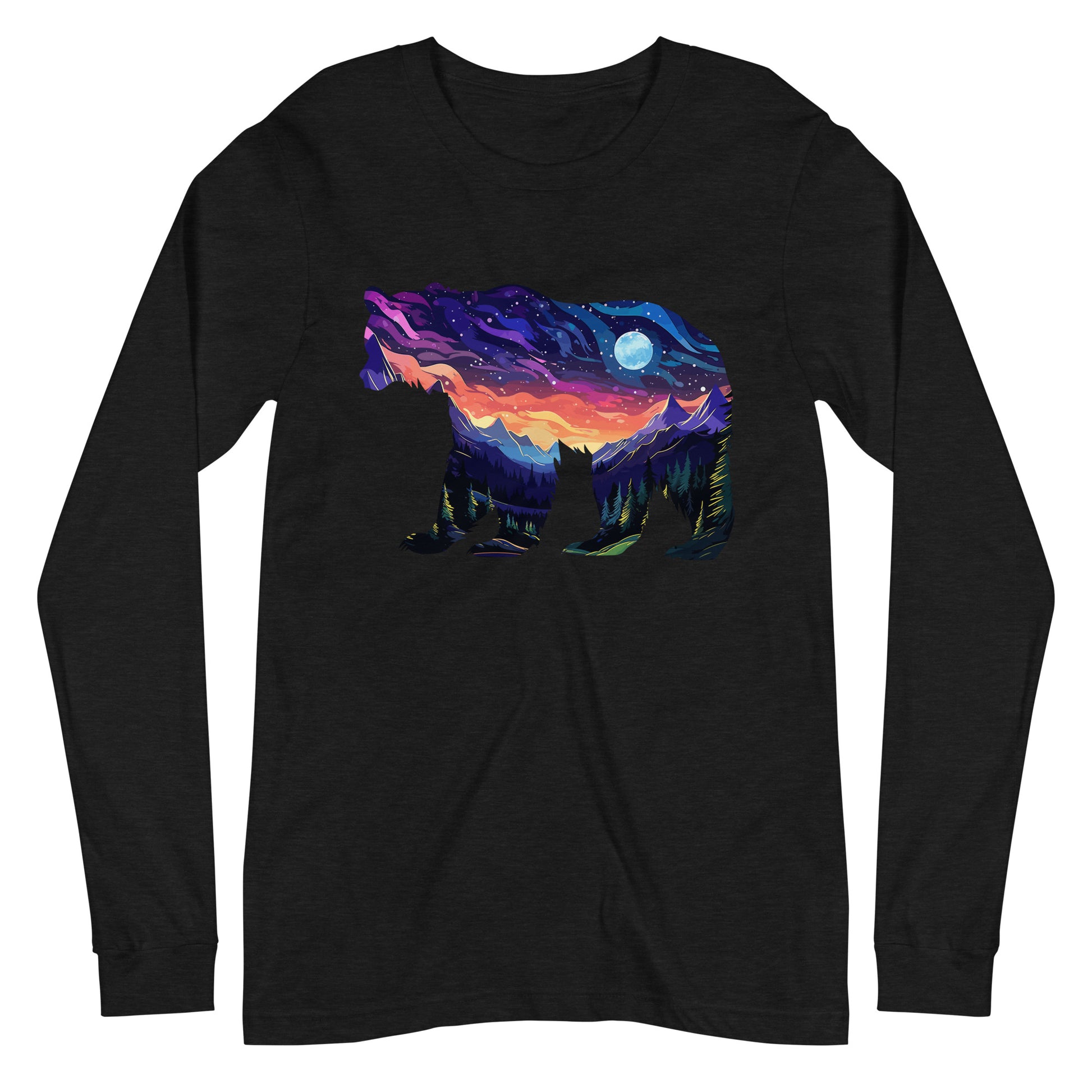 A Black Long sleeve shirt with a silhouette of a bear with a landscape done in vibrant colors