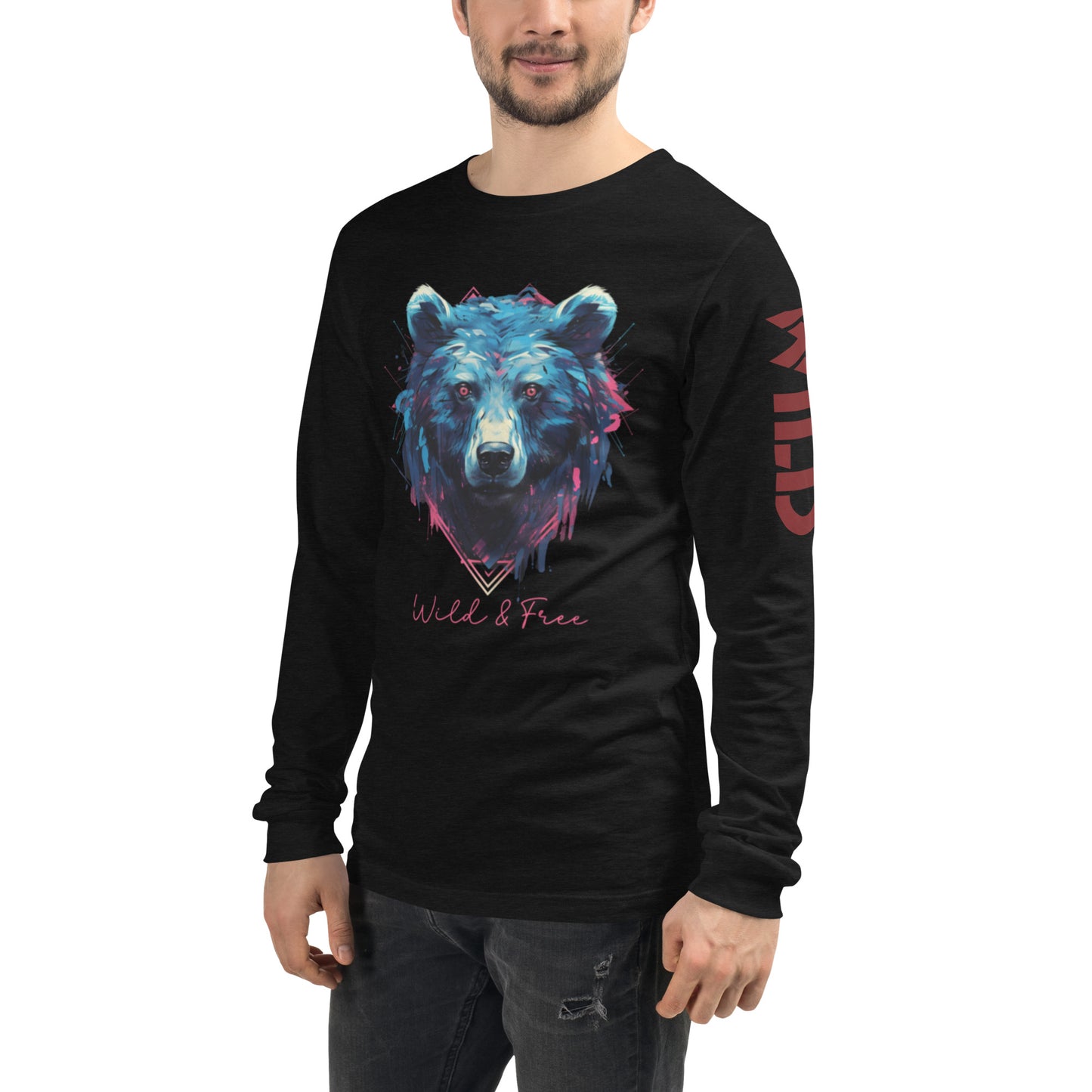 Bear "Wild & Free" - Unisex Long Sleeve Tee w/Extra Wild. on left Arm.