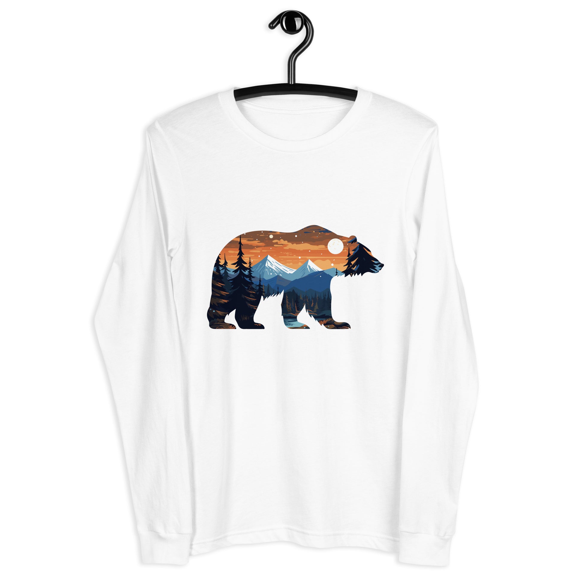  A white Long sleeve shirt with a silhouette of a bear with a landscape done in vibrant colors