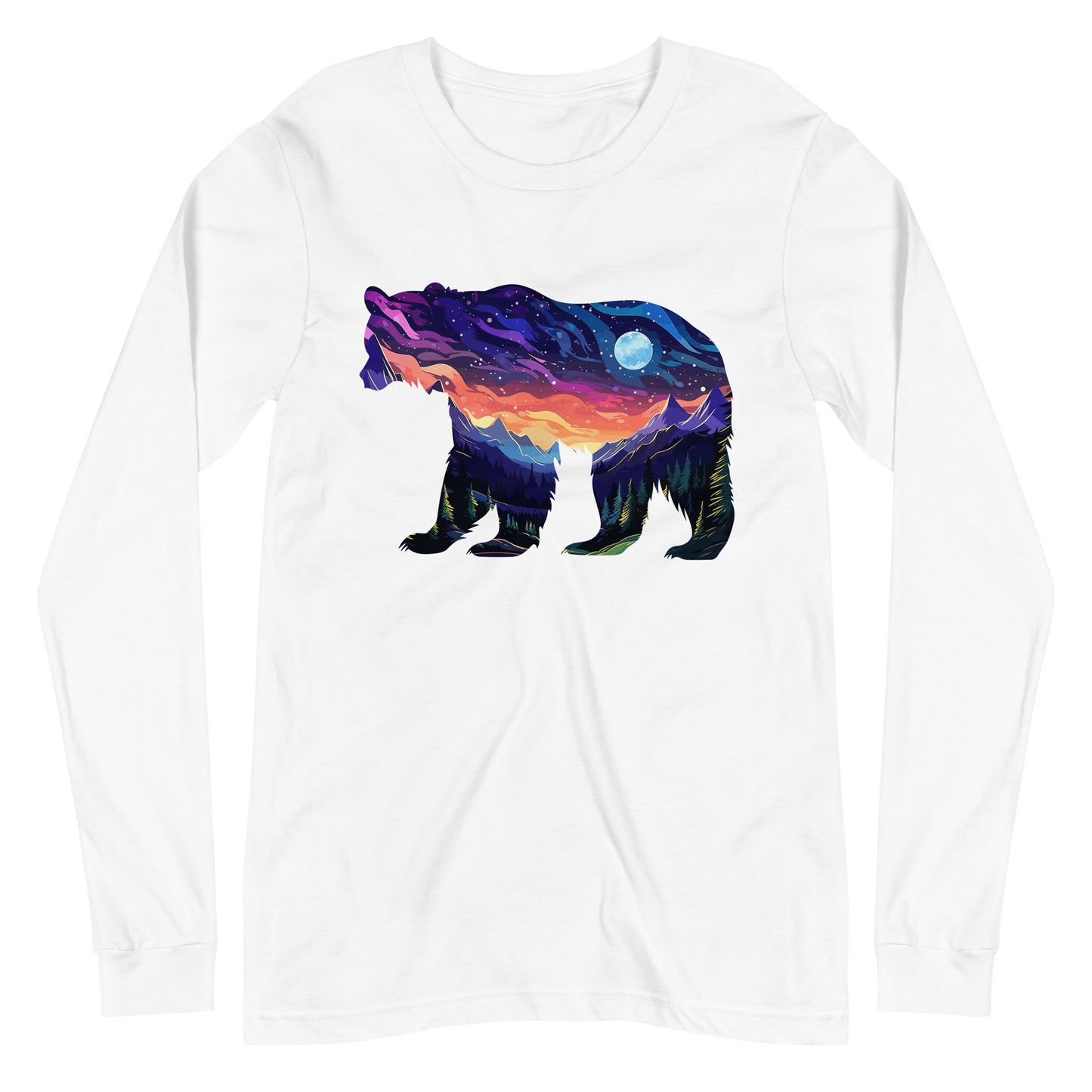 A white long sleeve shirt with a silhouette of a bear with a landscape done in vibrant colors