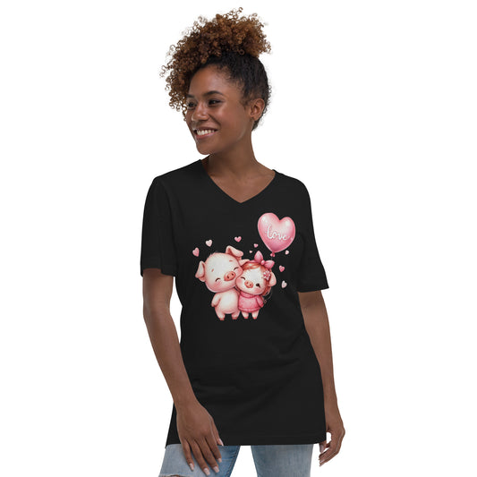 Kawaii Animals Pig Love - Unisex Short Sleeve V-Neck T-Shirt