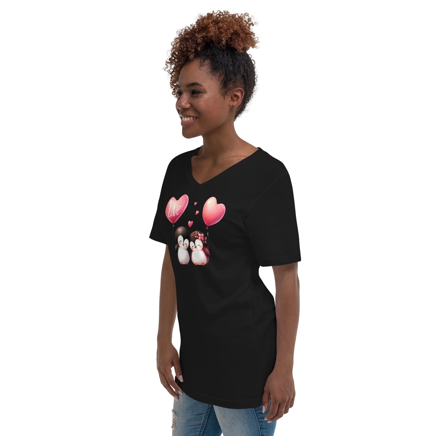 Kawaii Animals Penguin Love - Unisex Short Sleeve V-Neck T-Shirt