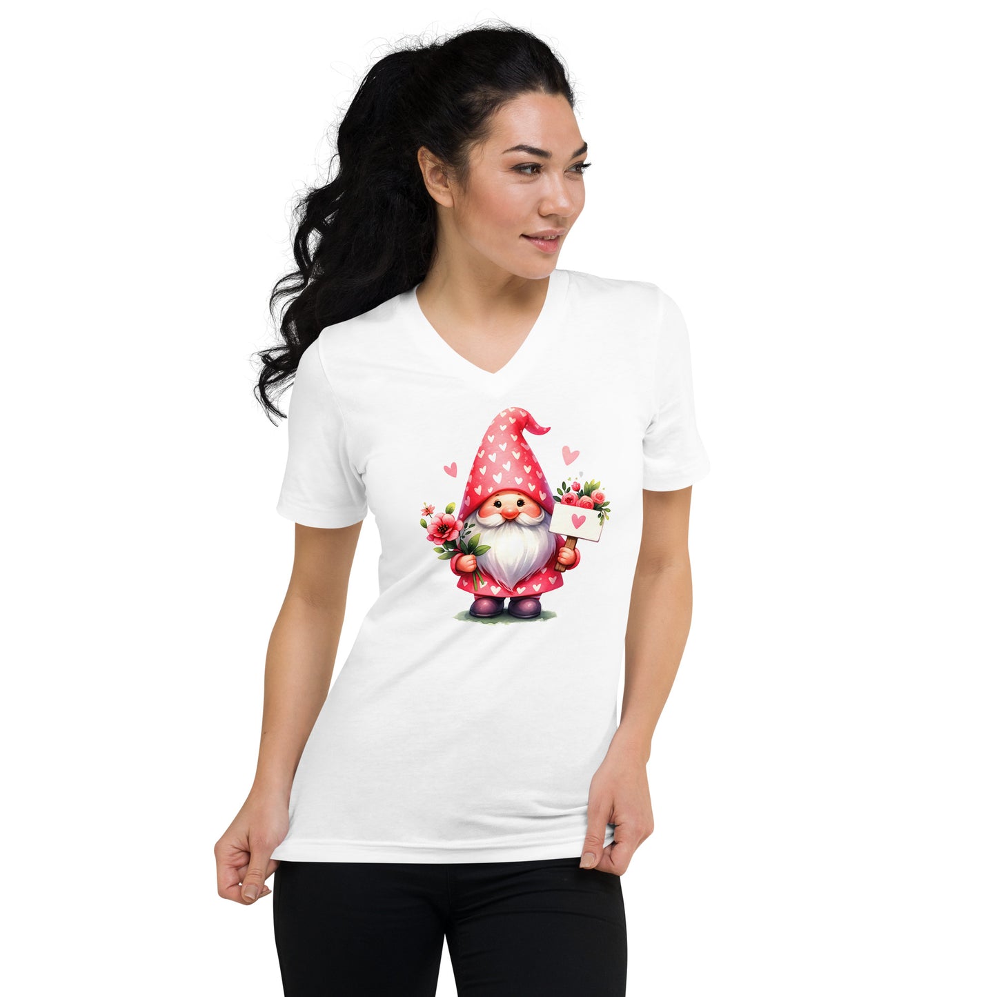 Gnome Love #5 Heart Sign & Flowers Unisex Short Sleeve V-Neck T-Shirt