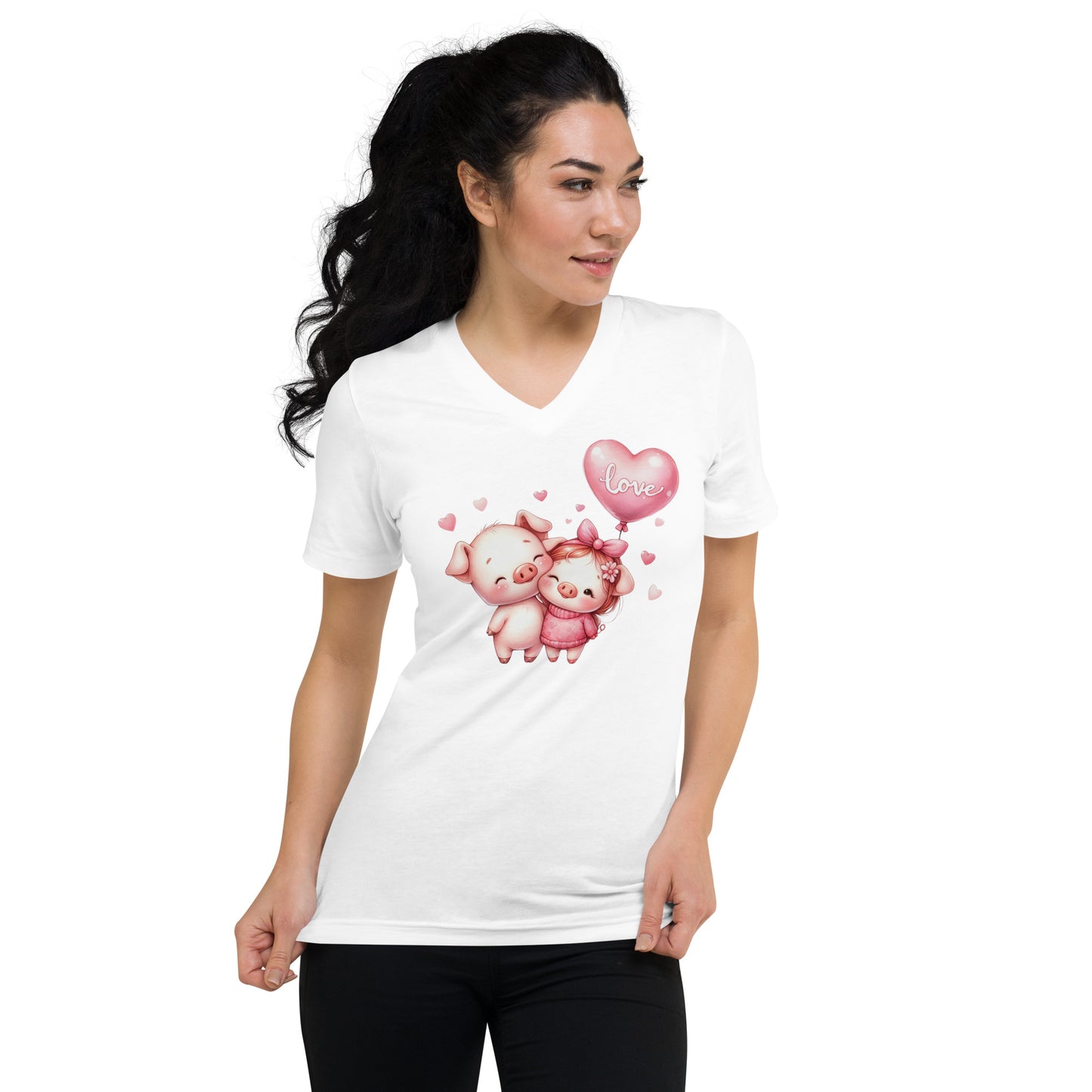 Kawaii Animals Pig Love - Unisex Short Sleeve V-Neck T-Shirt