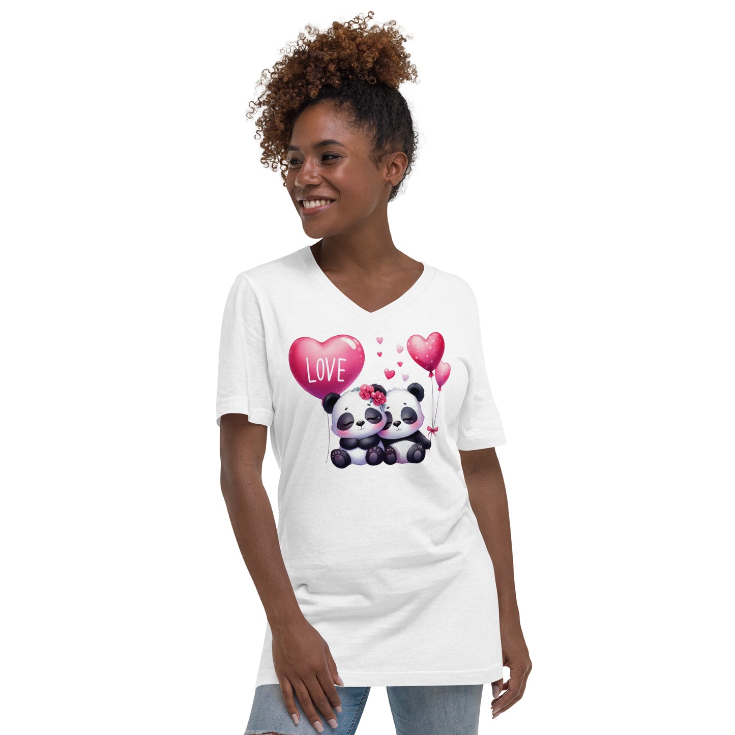 Kawaii Animals Panda Love - Unisex Short Sleeve V-Neck T-Shirt