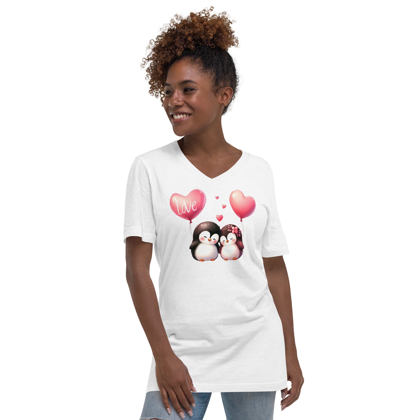 Kawaii Animals Penguin Love - Unisex Short Sleeve V-Neck T-Shirt