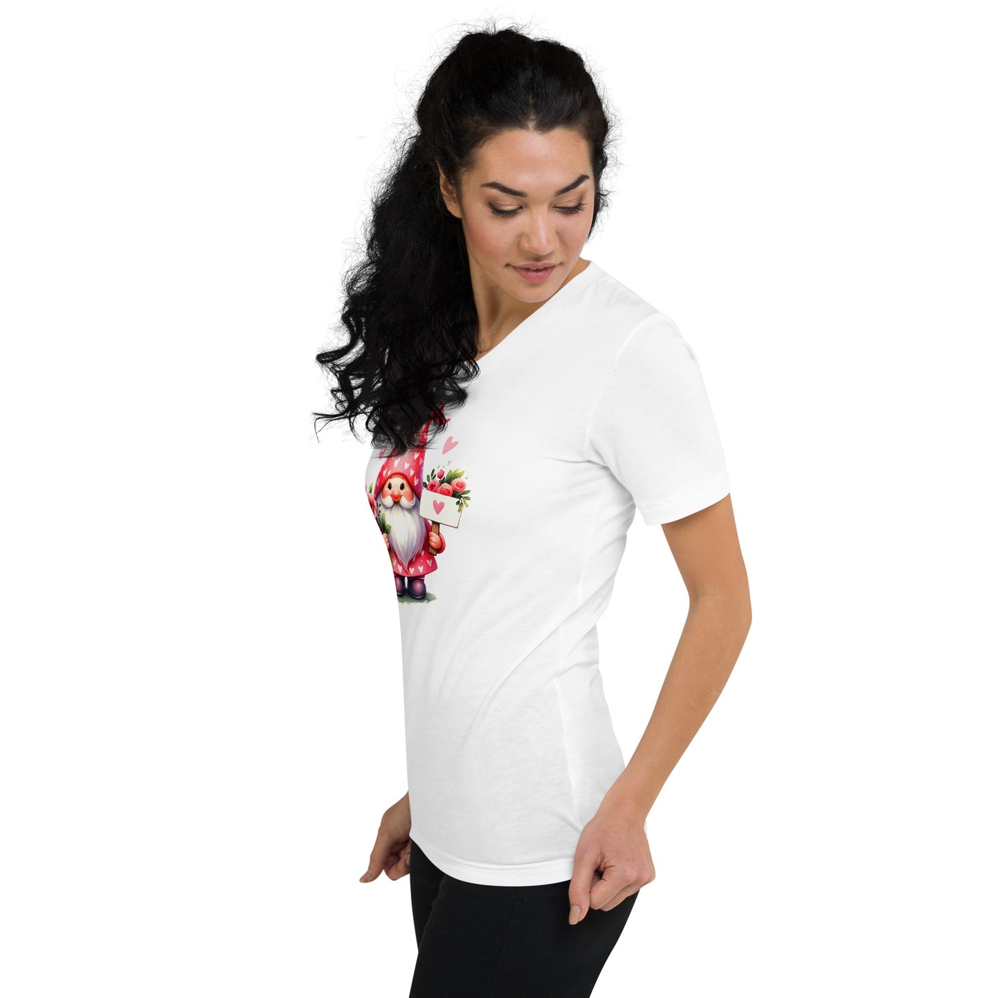 Gnome Love #5 Heart Sign & Flowers Unisex Short Sleeve V-Neck T-Shirt