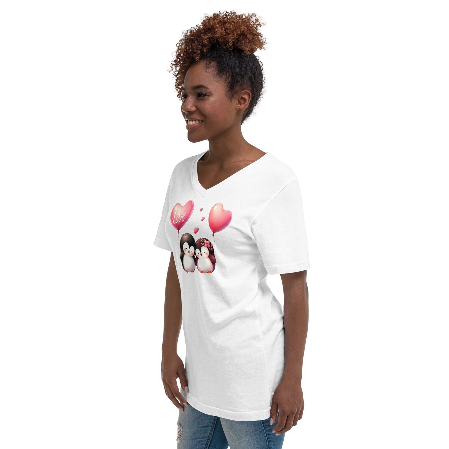 Kawaii Animals Penguin Love - Unisex Short Sleeve V-Neck T-Shirt