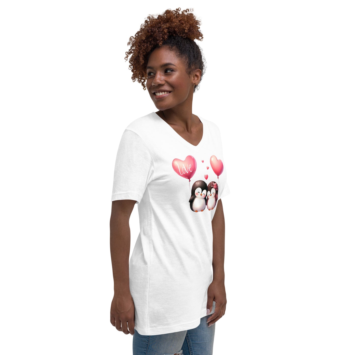 Kawaii Animals Penguin Love - Unisex Short Sleeve V-Neck T-Shirt