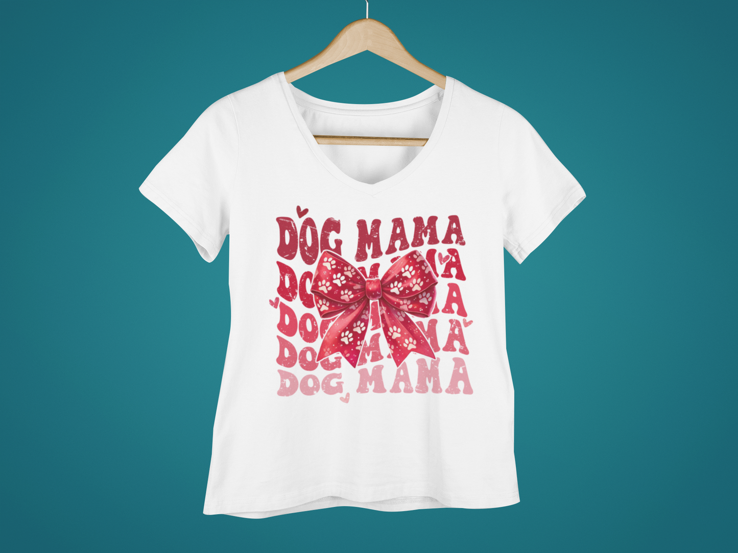 Women’s relaxed v-neck t-shirt "Dog Mama Valentine Coquette Bow"